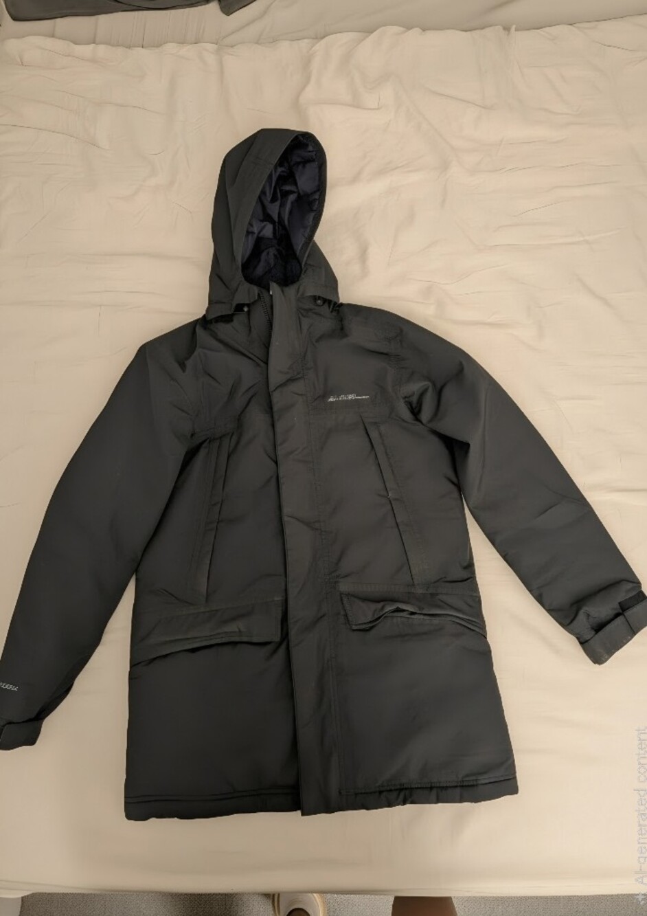 Men's Black Insulated Eddie Bauer Hooded Coat - Water-Resistant Winter Jacket